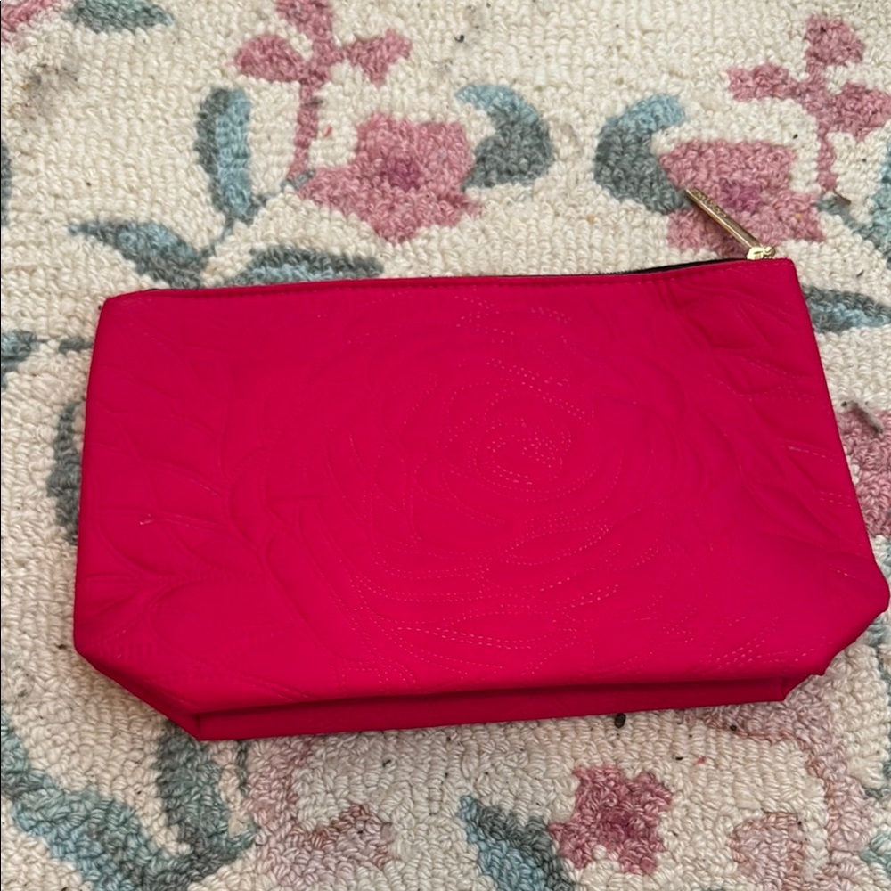 Dark Pink Floral Quilted  Women's Makeup Bag